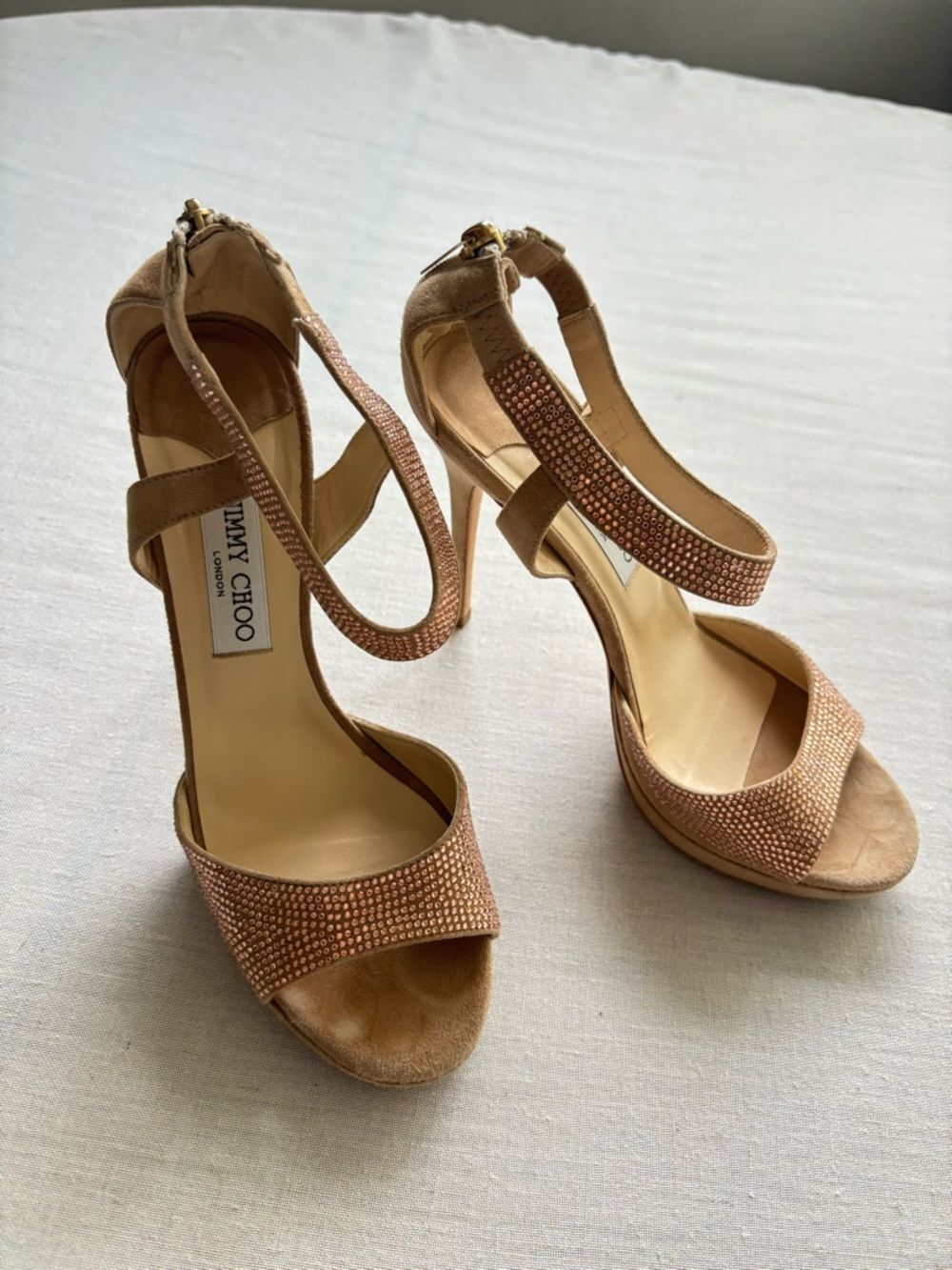 Jimmy Choo Beige Suede Crystal Embellished Heels Size 40 US 9